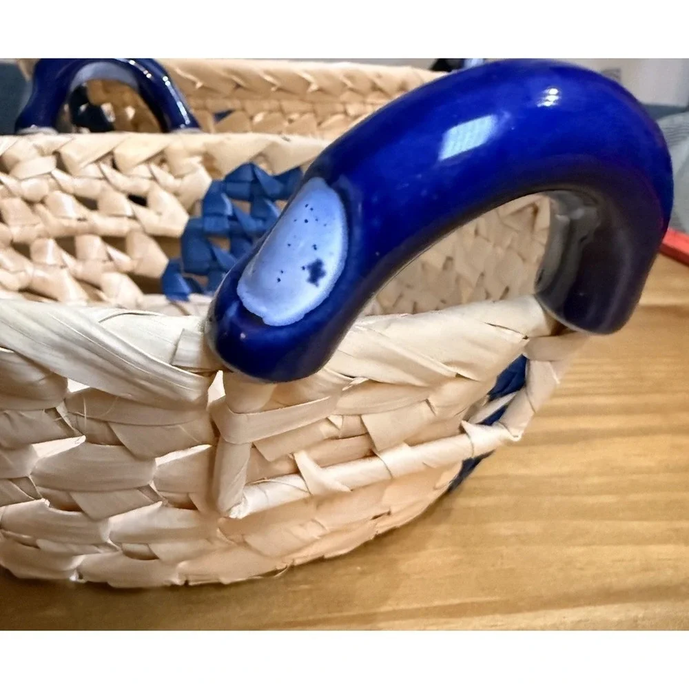 Vintage Wicker Bread Baskets Set of 2 Blue Ceramic Handles